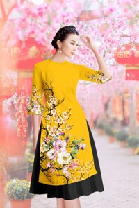 ÁO DÀI CÁCH TÂN LỤA HOA ĐÀO 3D - AD23 - ÁO VÀNG - Size XL