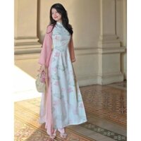 Áo dài cách tân lụa mềm màu trắng phối tay hồng họa tiết hoa sen trẻ trung duyên dáng