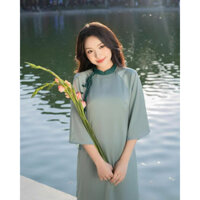 Áo Dài Cách Tân Lụa Ngọc Trai Phối Cổ Màu Xanh Đá.