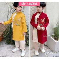 Áo dài cách tân mặc Tết cho bé trai màu vàng thêu chim hạc, vải nhung cao cấp