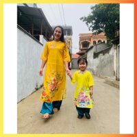 Áo dài cách tân mẹ và bé gái in hoa mặc tết trẻ trung duyên dáng 2024, Áo dài truyền thống nữ mẹ con gia đình màu Vàng