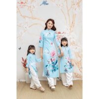 Áo dài cách tân mẹ và bé màu xanh mã H4 lụa gấm
