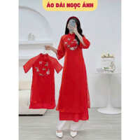 Áo dài cách tân mẹ và bé Ngọc Ánh màu đỏ thiết kế cổ tàu tay lỡ chất liệu tơ sống cao cấp - NA23