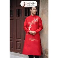 Áo dài cách tân nam đỏ thêu BẠCH HẠC vải tuyết mưa cao cấp HTA806 {50-105kg} - Áo Dài Hiền Thục Anh