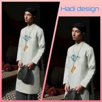 Áo dài cách tân Nam hàng thiết kế - chất liệu gấm tiêu thêu cao cấp - màu xanh - áo dài Hadi design - ND25.43