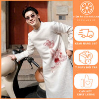 Áo dài cách tân Nam hàng thiết kế - chất liệu gấm tiêu thêu cá cao cấp - màu trắng - áo dài nhà Cam - ND25.51