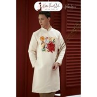 Áo dài cách tân nam màu be, thêu hoa cúc truyền thống cao cấp diện Tết rạng ngời HTA808 - Áo dài Hiền Thục Anh