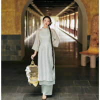 Áo Dài Cách Tân Như Ý Dáng Ôm Cổ Cao 4 Tà Đính Nơ Cúc Bọc Siêu Xinh,Quần Lưng Chun_Áo Dài Aura