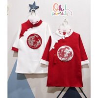 Áo dài cách tân nhung chéo phối đỏ trắng cho bé trai 9 -20kg