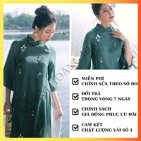 ÁO DÀI CÁCH TÂN NỮ 4 TÀ DÁNG SUÔNG THÊU HOA NHÍ TAY LỠ, ÁO DÀI TRUYỀN THỐNG MẶC TẾT LỄ CƯỚI MÀU XANH LAM