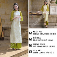 Áo dài cách tân nữ 4 tà dáng suông thiết kế cổ tròn lệch đính nơ họa tiết hoa màu Xanh Hoàng Kim Anh