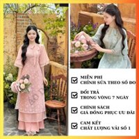 Áo dài cách tân nữ 4 tà hoa nhí tay phối voan tơ cánh tiên cổ yếm thắt nơ xinh xắn, Áo dài nữ truyền thống Xanh Hồng