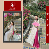 Áo dài cách tân nữ 4 tà in hoa mai màu trắng kem phối nơ hồng cổ tròn lót chifon - Áo dài Giang