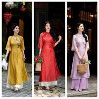 Áo dài cách tân nữ 4 tà vải tơ tằm bọt  hàng thiết kế hoa đính nổi , 3 màu đỏ vàng và tím trẻ trung sang trọng