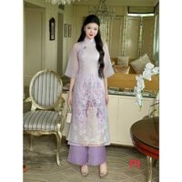 Áo dài cách tân nữ 4 tà Organza cao cấp màu tím đẹp mềm đính kết hoa nổi cao cấp sang chảnh hàng thiết kế loại 1