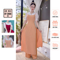 Áo dài cách tân nữ, áo dài kiểu pha tơ cổ V CHUU QAD8085 kèm quần lụa