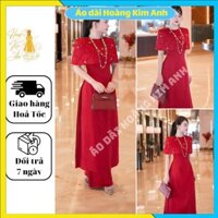 Áo dài cách tân nữ chất tafta cổ yếm choàng vai đính kết sang trọng màu Đỏ Áo Dài Hoàng Kim Anh
