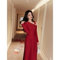 Áo dài cách tân nữ, chất vải tafta mềm from ôm, thiết kế lệch vai tay dài mầu đỏ đô sang chảnh