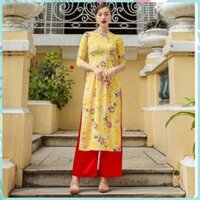 Áo Dài Cách Tân Nữ Cổ Tròn Tay Lỡ Màu Vàng, Áo Dài Tết Đẹp Chất Vải Lụa In Hoa Nổi Bật, Đường May Tinh Tế Sắc Sảo, Gifty