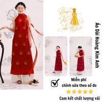 Áo dài cách tân nữ cổ yếm Hoa Cúc dáng xuông 4 tà họa tiết hoa cúc chi thiết kế thắt nơ màu Đỏ, Áo dài truyền thống nữ