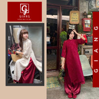 Áo dài cách tân nữ dáng suông chất vải lụa lông vũ tay lỡ đính nơ - Áo dài Giang