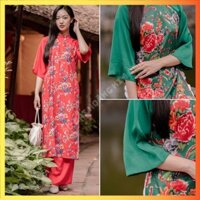 Áo dài cách tân nữ dáng suông hoạ tiết chăn con công chất gấm tằm phối tay vải lụa, Áo dài truyền thống nữ Tết Con Công