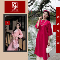 Áo dài cách tân nữ dáng suông đính ngọc trai tay loe chất liệu gấm tơ tằm in hoa nhí - Áo dài Giang