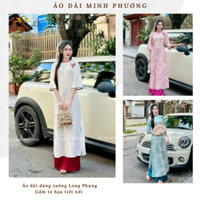 Áo dài cách tân nữ dáng suông, gấm tơ họa tiết Long Phụng, đính nơ đá, áo dài Tết-Áo dài Minh Phương