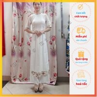 Áo dài cách tân nữ hoa nhí thiết kế phối tay von tơ, Áo dài truyền thống màu Trắng may sẵn mặc Tết, Lễ Cưới trẻ trung