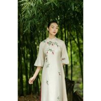 Áo dài cách tân nữ màu trắng dáng suông cổ tròn đính kết hoạ tiết hoa sen thanh thoát chất tơ organza cao cấp - AN38