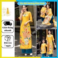Áo dài cách tân nữ mẹ và bé Lộc Xuân thiêt kế 4 tà họa tiết hoa may sẵn, Áo dài truyền thống mặc Tết màu Vàng