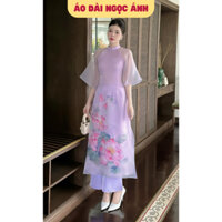 Áo dài cách tân nữ Ngọc Ánh màu tím in hoa sen đính kết phối tay voan chất tơ organza cao cấp - NA12