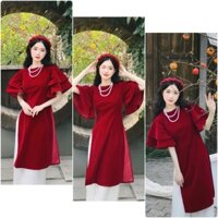 Áo dài cách tân nữ nhung đỏ tay cánh tiên xòe kèm quần lụa trắng, Đầm nữ suông dài đi chơi tết sang chảnh, SUBA