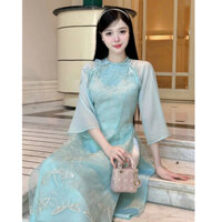 Áo dài cách tân nữ Tết màu xanh cổ tàu tay lỡ chất liệu tơ thêu hoa nổi cao cấp, nhẹ nhàng, trang nhã - TIỆM ÁO DÀ