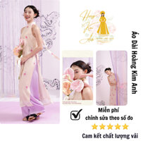 Áo dài cách tân nữ thêu hoa nhí 4 tà cổ yếm lụa tơ óng mặc tết, lễ cưới màu Be, Áo dài truyền thống Hoàng Kim Anh