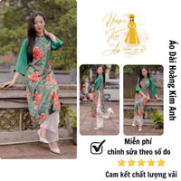 Áo dài cách tân nữ thiết kế dáng xuông hoạ tiết hoa phù dung chăn con công vintage phối tay lụa màu xanh Hoàng Kim Anh