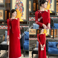 ÁO DÀI CÁCH TÂN NỮ THIẾT KẾ KIỂU CỔ YẾM VAI BỒNG THẮT NƠ, ÁO DÀI TRUYỀN THỐNG NỮ MAY SẴN MẶC TẾT LỄ CƯỚI MÀU ĐỎ [NH]