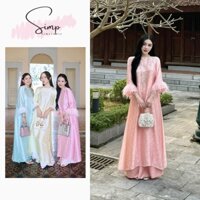 Áo Dài Cách Tân Phối Lông Vũ Bạch Huyền Vũ Gấm Xuông Tay Loe Siêu Xinh, Áo Dài Mẹ Bầu