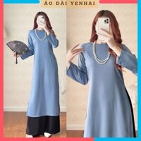 Áo dài cách tân suông dáng xưa Feather cổ tròn tay dài màu xanh lam chất lụa tây thi | CT1842