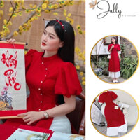 Áo dài cách tân tay bồng cổ tàu đính ngọc, áo dài chiết eo kèm quần lụa diện Tết siêu xinh