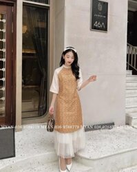 Áo Dài Cách Tân Tết MYAN Thiết Kế Áo Dài Hoa Nhí Cổ Tàu Tay Lỡ Cúc Cài Tạo Kiểu Màu Vàng Avn012204