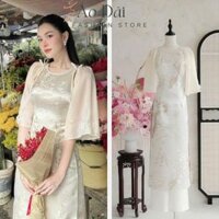 Áo Dài Cách Tân Tết Nữ, Áo Dài Tết Xếp Ly Ngực Trễ Vai Chất Vải Tafta Kèm Quần Đỏ Thiết Kế Đi Chơi Đi Tiệc