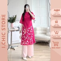 Áo Dài Cách Tân Thêu Hoa Linh Lan Màu Hồng Sen Họa Tiết Hoa Nổi Cách Điệu Dáng Hơi Eo Tôn Dáng ICHIC