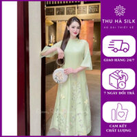 Áo dài cách tân thiết kế chất liệu tơ óng in 3D, đính kết cao cấp - xuyến chi - áo dài Thu Hà Silk - th_47
