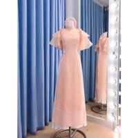 Áo dài cách tân tơ 4 tà màu hồng tay cánh tiên- Áo Dài Kim Thắm