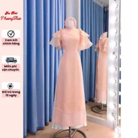 Áo dài cách tân tơ 4 tà màu hồng tay cánh tiên - Áo dài Phương Thảo