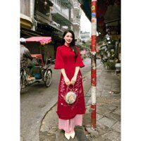 Áo dài cách tân tơ crep đỏ tết họa tiết đính kết từ size S- 2Xl