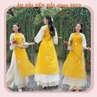 ÁO DÀI CÁCH TÂN TƠ CREP VÀNG, CỔ KIỀNG, TAY LOE LỠ , BST ÁO DÀI TẾT 2025, tơ thêu cao cấp 4 tà