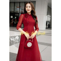 Áo dài cách tân tơ mềm kết hoa màu đỏ trẻ trung - Áo Dài Anh Minh