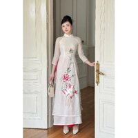 Áo dài cách tân tơ mộc thêu hoa sen đẹp chất vải mềm mại họa tiết .hoa đẹp nổi bật thiết kế 4 tà❤